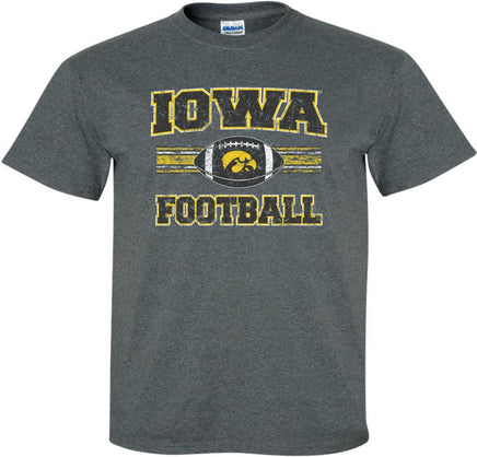 This design features the Iowa Football stripes and a football with a Tigerhawk. Printed on a gray t-shirt with white, black and gold ink. Officially Licensed and approved by the University of Iowa.