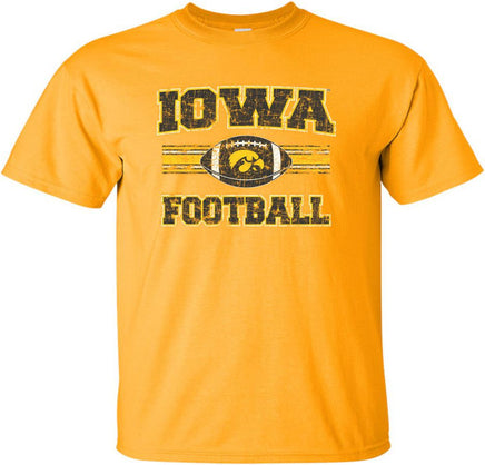 This design features the Iowa Football stripes and a football with a Tigerhawk. Printed on a gold t-shirt with white, black and gold ink. Officially Licensed and approved by the University of Iowa.