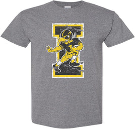 Touchdown Iowa! Cheer on the Hawkeyes at Kinnick Stadium with this Herky Football design. Printed on a pre-shrunk, 50/50 cotton/poly medium gray t-shirt with white, black and gold ink. All of our Iowa Hawkeye designs are Officially Licensed and approved by the University of Iowa.