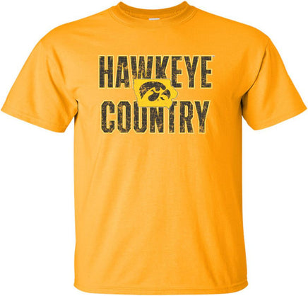 This is Hawkeye Country and we are proud of it! This design has Hawkeye Country with a Tigerhawk inside the state of Iowa. Printed on a pre-shrunk, 100% cotton gold t-shirt with white, black and gold ink. All of our Iowa Hawkeye designs are Officially Licensed and approved by the University of Iowa.