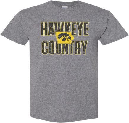 This is Hawkeye Country and we are proud of it! This design has Hawkeye Country with a Tigerhawk inside the state of Iowa. Printed on a pre-shrunk, 50/50 cotton/poly medium gray t-shirt with white, black and gold ink. All of our Iowa Hawkeye designs are Officially Licensed and approved by the University of Iowa.
