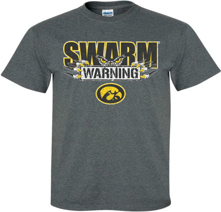 Swarm Warning! You've been warned! This design has Swarm Warning with Hawk Eyes, Talons and the Tigerhawk. Printed on a pre-shrunk, 50/50 cotton/poly dark gray t-shirt with white, black and gold ink. All of our Iowa Hawkeye designs are Officially Licensed and approved by the University of Iowa.