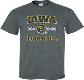 Cheer on the Hawks at Kinnick with this Iowa Football design that has the Iowa football helmet on laces from a football. Printed on a pre-shrunk, 50/50 cotton/poly dark gray t-shirt with white, black and gold ink. All of our Iowa Hawkeye designs are Officially Licensed and approved by the University of Iowa.