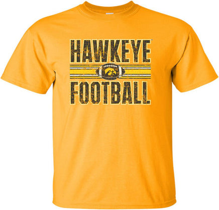 This Hawkeye Football design features a football with the Tigerhawk and the stripes that are on the Iowa Football uniforms. Printed on a pre-shrunk, 100% cotton gold t-shirt with white, black and gold ink. All of our Iowa Hawkeye designs are Officially Licensed and approved by the University of Iowa.