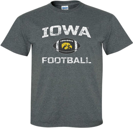 Show your support for the Iowa Football team with this design that has Iowa Football and a football with a gold Tigerhawk. Printed on a pre-shrunk, 50/50 cotton/poly dark gray t-shirt with white, black and gold ink. All of our Iowa Hawkeye designs are Officially Licensed and approved by the University of Iowa.