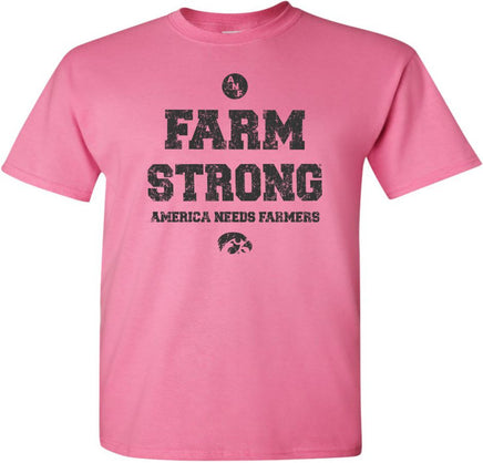 Show your support for our Iowa Farmers. ANF (America Needs Farmers) began in 1985 during Farm Crisis that claimed thousands of Iowa farms. This ANF design has Farm Strong and America Needs Farmers. It also has the circle ANF logo and a Tigerhawk. Printed on a preshrunk, 100% cotton azalea pink t-shirt with black ink. All of our Iowa Hawkeye designs are Officially Licensed and approved by the University of Iowa.