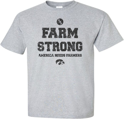 Show your support for our Iowa Farmers. ANF (America Needs Farmers) began in 1985 during Farm Crisis that claimed thousands of Iowa farms. This ANF design has Farm Strong and America Needs Farmers. It also has the circle ANF logo and a Tigerhawk. Printed on a preshrunk, 90/10 cotton/poly light gray t-shirt with black ink. All of our Iowa Hawkeye designs are Officially Licensed and approved by the University of Iowa.