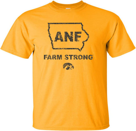 Show your support for our Iowa Farmers with this design that has ANF in the State of Iowa. It also has Farm Strong and the Tigerhawk. ANF stands for America Needs Farmers and began in 1985 during Farm Crisis. Printed on a pre-shrunk, 100% cotton gold t-shirt with black ink. All of our Iowa Hawkeye designs are Officially Licensed and approved by the University of Iowa.