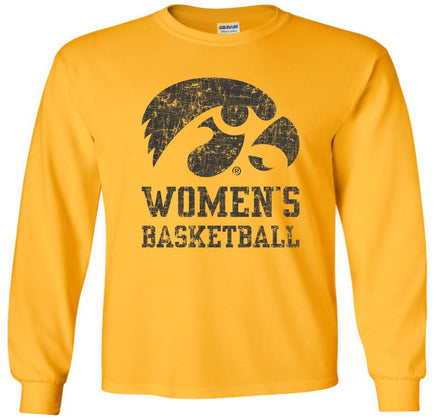 Show your love and support of our Iowa Women's Basketball team! This design says it all with a big Tigerhawk above Women's Basketball. Printed on a pre-shrunk, 100% cotton gold long sleeve t-shirt with black ink. All of our Iowa Hawkeye designs are Officially Licensed and approved by the University of Iowa.