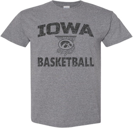 Cheer on our Iowa Hawkeye Men's and Women's Basketball teams with this Iowa Basketball design that has the Tigerhawk in a basketball net. Printed on a pre-shrunk, 50/50 cotton/poly medium gray t-shirt with black ink. All of our Iowa Hawkeye designs are Officially Licensed and approved by the University of Iowa.