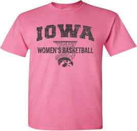 Show your support for our Iowa Women's Basketball team! This design has Iowa Women's Basketball and the Tigerhawk under a basketball net. Printed on a pre-shrunk, 100% cotton azalea pink t-shirt with black ink. All of our Iowa Hawkeye designs are Officially Licensed and approved by the University of Iowa.