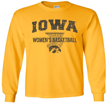 Show your support for our Iowa Women's Basketball team! This design has Iowa Women's Basketball and the Tigerhawk under a basketball net. Printed on a pre-shrunk, 100% cotton gold long sleeve t-shirt with black ink. All of our Iowa Hawkeye designs are Officially Licensed and approved by the University of Iowa.