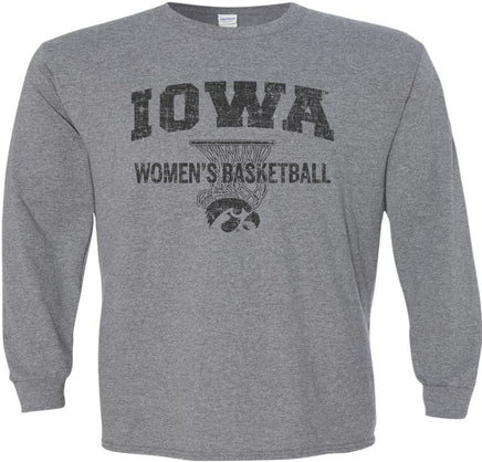 Show your support for our Iowa Women's Basketball team! This design has Iowa Women's Basketball and the Tigerhawk under a basketball net. Printed on a pre-shrunk, 50/50 cotton/poly medium gray long sleeve t-shirt with black ink. All of our Iowa Hawkeye designs are Officially Licensed and approved by the University of Iowa.