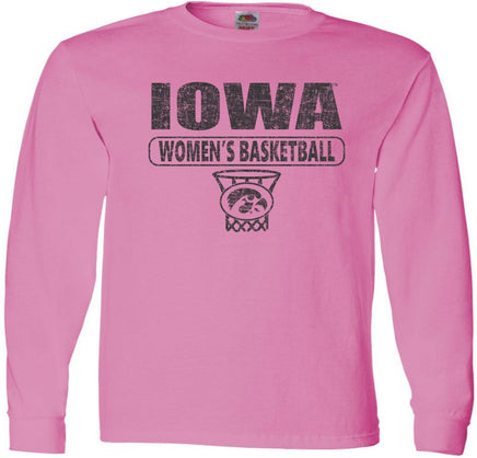 Are you ready to cheer on our Iowa Women's Basketball team at Carver Hawkeye Arena? This design has Iowa Women's Basketball and the oval Tigerhawk logo in a basketball net. Printed on a pre-shrunk, 100% cotton azalea pink long sleeve t-shirt with black ink. All of our Iowa Hawkeye designs are Officially Licensed and approved by the University of Iowa.