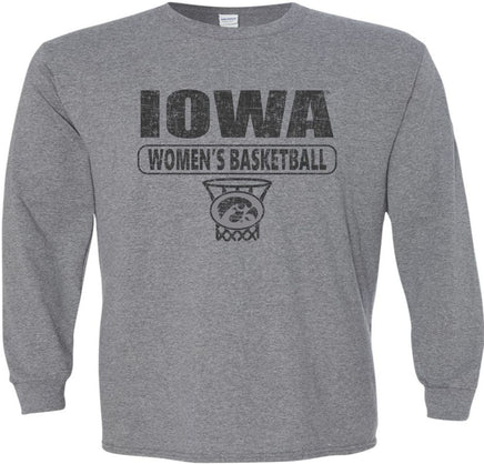 Are you ready to cheer on our Iowa Women's Basketball team at Carver Hawkeye Arena? This design has Iowa Women's Basketball and the oval Tigerhawk logo in a basketball net. Printed on a pre-shrunk, 50/50 cotton/poly medium gray long sleeve t-shirt with black ink. All of our Iowa Hawkeye designs are Officially Licensed and approved by the University of Iowa.