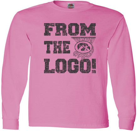 From the Logo! The perfect shirt to cheer on our Iowa Hawkeyes at Carver Hawkeye Arena! This design has From The Logo with a basketball hoop and the oval Tigerhawk logo. Printed on a pre-shrunk, 100% cotton azalea pink long sleeve t-shirt with black ink. All of our Iowa Hawkeye designs are Officially Licensed and approved by the University of Iowa.