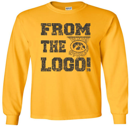From the Logo! The perfect shirt to cheer on our Iowa Hawkeyes at Carver Hawkeye Arena! This design has From The Logo with a basketball hoop and the oval Tigerhawk logo. Printed on a pre-shrunk, 100% cotton gold long sleeve t-shirt with black ink. All of our Iowa Hawkeye designs are Officially Licensed and approved by the University of Iowa.