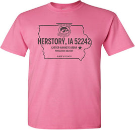 Herstory, Iowa 52242...where dreams come true, records are broken and herstory is made. The perfect shirt to celebrate so many incredible memories made inside Carver-Hawkeye Arena by our Iowa Women's Basketball Team! This design has Herstory, IA 52242, with an outline of the state of Iowa, a star with the location of Iowa City and the 52242 zip code, and the latitude and longitude coordinates of Carver-Hawkeye arena. The design also has the Tigerhawk logo inside of a swishing basketball hoop. 