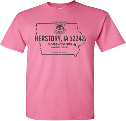 Herstory, Iowa 52242...where dreams come true, records are broken and herstory is made. The perfect shirt to celebrate so many incredible memories made inside Carver-Hawkeye Arena by our Iowa Women's Basketball Team! This design has Herstory, IA 52242, with an outline of the state of Iowa, a star with the location of Iowa City and the 52242 zip code, and the latitude and longitude coordinates of Carver-Hawkeye arena. The design also has the Tigerhawk logo inside of a swishing basketball hoop.