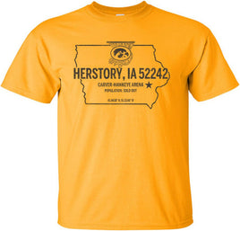 Herstory, Iowa 52242...where dreams come true, records are broken and herstory is made. The perfect shirt to celebrate so many incredible memories made inside Carver-Hawkeye Arena by our Iowa Women's Basketball Team! This design has Herstory, IA 52242, with an outline of the state of Iowa, a star with the location of Iowa City and the 52242 zip code, and the latitude and longitude coordinates of Carver-Hawkeye arena.