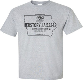 Herstory, Iowa 52242...where dreams come true, records are broken and herstory is made. The perfect shirt to celebrate so many incredible memories made inside Carver-Hawkeye Arena by our Iowa Women's Basketball Team! This design has Herstory, IA 52242, with an outline of the state of Iowa, a star with the location of Iowa City and the 52242 zip code, and the latitude and longitude coordinates of Carver-Hawkeye arena. The design also has the Tigerhawk logo inside of a swishing basketball hoop. 