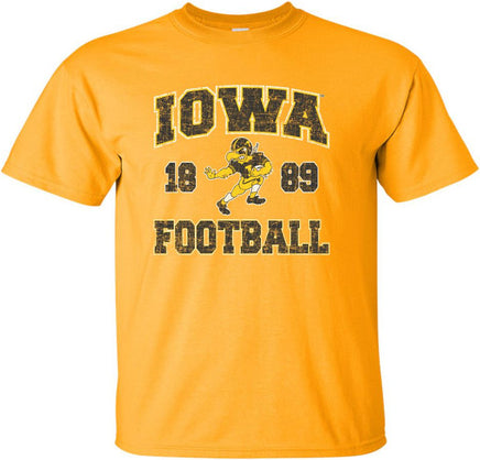 This Iowa football design features the Old School Football Herky running for a touchdown! The perfect shirt to wear to Kinnick Stadium! Printed on a pre-shrunk, 100% cotton gold t-shirt with white, gold and black ink. All of our Iowa Hawkeye designs are Officially Licensed and approved by the University of Iowa.