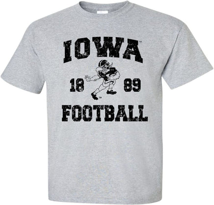This Iowa football design features the Old School Football Herky running for a touchdown! Printed on a pre-shrunk, 90/10 cotton/poly light gray t-shirt with black ink. All of our Iowa Hawkeye designs are Officially Licensed and approved by the University of Iowa.