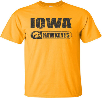 Iowa with Hawkeyes and Tigerhawk in oval - Gold t-shirt for the Iowa Hawkeyes. Officially Licensed and approved by the University of Iowa.