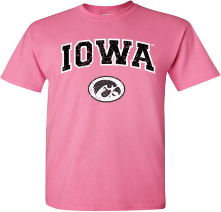 Arched Iowa with Oval Tigerhawk - Azalea Pink t-shirt for the Iowa Hawkeyes. Officially Licensed and approved by the University of Iowa.