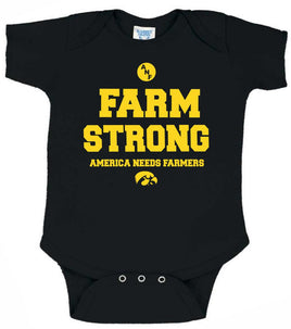 ANF stands for America Needs Farmers and was established in 1985 during the Farm Crisis. This design has Farm Strong and a small ANF logo. It also has America Needs Farmers and a small Tigerhawk. Printed on a preshrunk, 100% cotton black onesie with gold ink. All of our Iowa Hawkeye designs are Officially Licensed and approved by the University of Iowa.