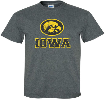 This design has the oval Tigerhawk logo above Iowa. Printed on a pre-shrunk, 50/50 cotton/poly dark gray youth t-shirt with black and gold ink. All of our Iowa Hawkeye designs are Officially Licensed and approved by the University of Iowa.