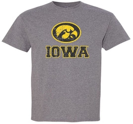 This design has the oval Tigerhawk logo above Iowa. Printed on a pre-shrunk, 50/50 cotton/poly medium gray youth t-shirt with black and gold ink. All of our Iowa Hawkeye designs are Officially Licensed and approved by the University of Iowa.