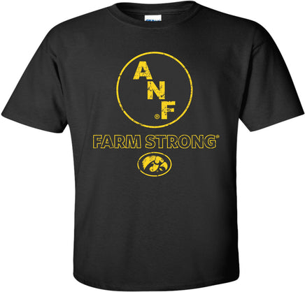A black short-sleeve t-shirt with a distressed gold and black design on the front. The design features the letters 'A', 'N', and 'F' inside a circle, with 'FARM STRONG' printed below in a bold, distressed font, and the Oval Tigerhawk  logo underneath.