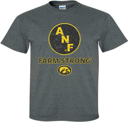 A heather dark gray short-sleeve t-shirt with a distressed gold design on the front featuring the letters 'A N F' inside a circle, the text 'FARM STRONG', and the Iowa Hawkeyes Tigerhawk logo below.