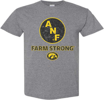 A heather gray short-sleeve t-shirt with a distressed gold and black design on the front. The design features the letters 'A', 'N', and 'F' inside a circular emblem, the text 'FARM STRONG' below it, and the Iowa Hawkeyes Tigerhawk logo underneath.