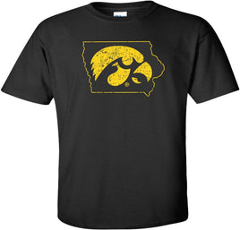 Tigerhawk in State of Iowa - Black t-shirt for the Iowa Hawkeyes. Officially Licensed and approved by the University of Iowa.