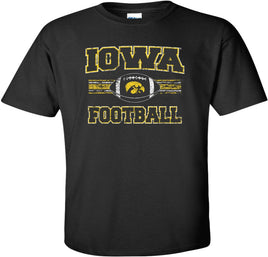 This design features the Iowa Football stripes and a football with a Tigerhawk. Printed on a black t-shirt with white, black and gold ink. Officially Licensed and approved by the University of Iowa.