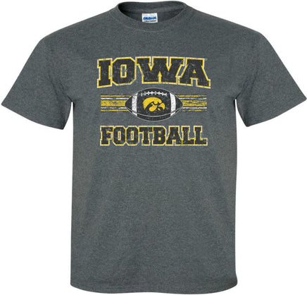  This design features the Iowa Football stripes and a football with a Tigerhawk. Printed on a gray t-shirt with white, black and gold ink. Officially Licensed and approved by the University of Iowa.