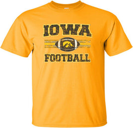 This design features the Iowa Football stripes and a football with a Tigerhawk. Printed on a gold t-shirt with white, black and gold ink. Officially Licensed and approved by the University of Iowa.
