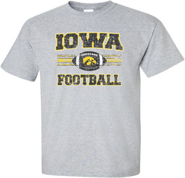 Cheer on the Iowa Hawkeye Football team with this design features the Iowa Football stripes and a football with a Tigerhawk. Printed on a pre-shrunk, 90/10 cotton/poly light gray t-shirt with white, black and gold ink. All of our Iowa Hawkeye designs are Officially Licensed and approved by the University of Iowa.