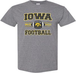 This design features the Iowa Football stripes and a football with a Tigerhawk. Printed on a medium gray t-shirt with white, black and gold ink. Officially Licensed and approved by the University of Iowa.