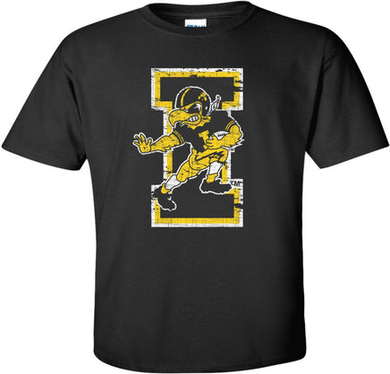 Touchdown Iowa! Cheer on the Hawkeyes at Kinnick Stadium with this Herky Football design. Printed on a pre-shrunk, 100% cotton black t-shirt with white, black and gold ink. All of our Iowa Hawkeye designs are Officially Licensed and approved by the University of Iowa.