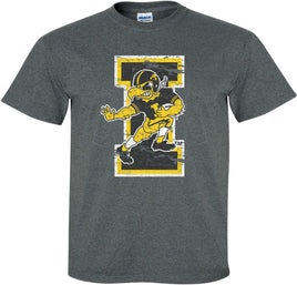 Touchdown Iowa! Cheer on the Hawkeyes at Kinnick Stadium with this Herky Football design. Printed on a pre-shrunk, 50/50 cotton/poly dark gray t-shirt with white, black and gold ink. All of our Iowa Hawkeye designs are Officially Licensed and approved by the University of Iowa.