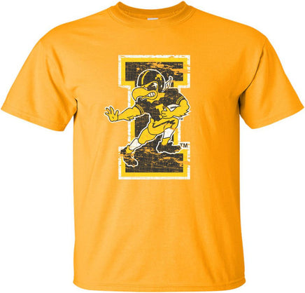 Touchdown Iowa! Cheer on the Hawkeyes at Kinnick Stadium with this Herky Football design. Printed on a pre-shrunk, 100% cotton gold t-shirt with white, black and gold ink. All of our Iowa Hawkeye designs are Officially Licensed and approved by the University of Iowa.