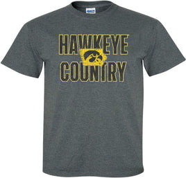 This is Hawkeye Country and we are proud of it! This design has Hawkeye Country with a Tigerhawk inside the state of Iowa. Printed on a pre-shrunk, 50/50 cotton/poly dark gray t-shirt with white, black and gold ink. All of our Iowa Hawkeye designs are Officially Licensed and approved by the University of Iowa.
