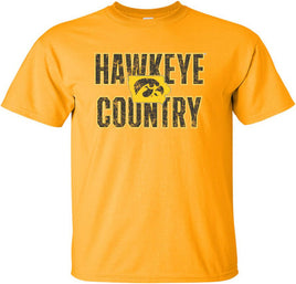 This is Hawkeye Country and we are proud of it! This design has Hawkeye Country with a Tigerhawk inside the state of Iowa. Printed on a pre-shrunk, 100% cotton gold t-shirt with white, black and gold ink. All of our Iowa Hawkeye designs are Officially Licensed and approved by the University of Iowa.