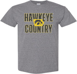 This is Hawkeye Country and we are proud of it! This design has Hawkeye Country with a Tigerhawk inside the state of Iowa. Printed on a pre-shrunk, 50/50 cotton/poly medium gray t-shirt with white, black and gold ink. All of our Iowa Hawkeye designs are Officially Licensed and approved by the University of Iowa.