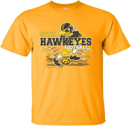 Herky is taking it all the way to the end zone. Touchdown Iowa! This design has Iowa Hawkeyes Football with Football Herky. The design also has Hawk Talons and a Tigerhawk. Printed on a pre-shrunk, 100% cotton gold t-shirt with white, black and gold ink. All of our Iowa Hawkeye designs are Officially Licensed and approved by the University of Iowa.