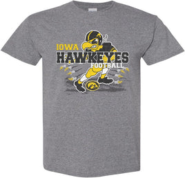 Herky is taking it all the way to the end zone. Touchdown Iowa! This design has Iowa Hawkeyes Football with Football Herky. The design also has Hawk Talons and a Tigerhawk. Printed on a pre-shrunk, 50/50 cotton/poly medium gray t-shirt with white, black and gold ink. All of our Iowa Hawkeye designs are Officially Licensed and approved by the University of Iowa.