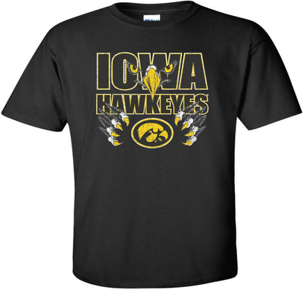 This design has hawk eyes and beak on top of the Iowa Hawkeyes, and Hawk talons surrounding the Tigerhawk. Printed on a pre-shrunk, 100% cotton black t-shirt with white, black and gold ink. All of our Iowa Hawkeye designs are Officially Licensed and approved by the University of Iowa.